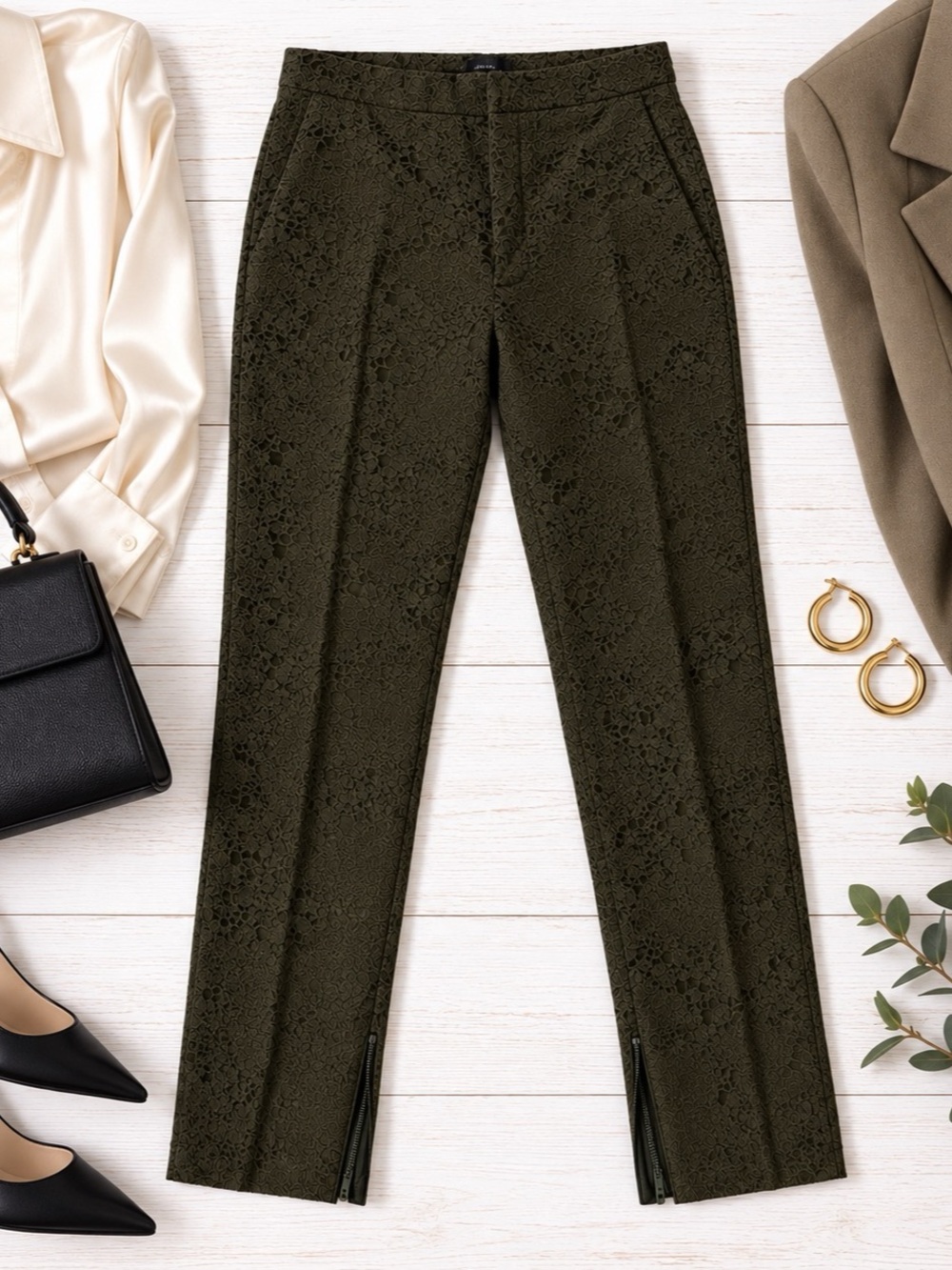 Zara Woman Olive Green Floral Jacquard Ankle Zip Pants Size S